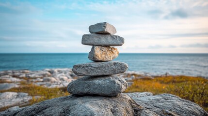 Fototapeta premium Balanced rocks perch on a rocky shore, bathed in the warm glow of a sunset. Ocean blues meet fluffy clouds in a serene coastal scene