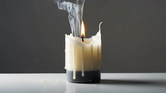 A candle halfway melted, with smoke curling up.
