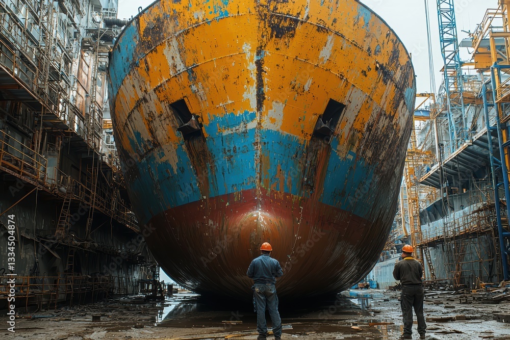Poster inspecting ship hull for quality control, workers in helmets observe large vessel in shipyard. scene