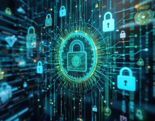 Obraz premium Security zero trust concept. A digital representation of cybersecurity, featuring a central padlock surrounded by glowing data streams and various lock icons, symbolizing protection and encryption.
