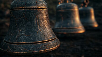 Fototapeta premium Ancient Dark Metal Cracked Bells in a Mysterious Landscape Capturing Time’s Echoes Artistic Close-Up View