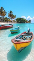 Tropical paradise serene seascape with colorful fishing boats