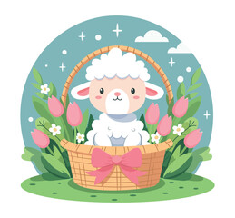 Cute lamb sits in a basket with flowers. Vector illustration.