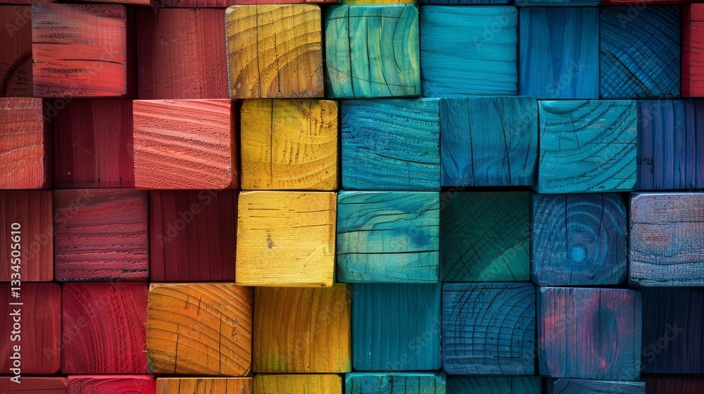 Poster colorful wooden blocks pattern with a textured grain surface creates a vibrant and abstract visual p