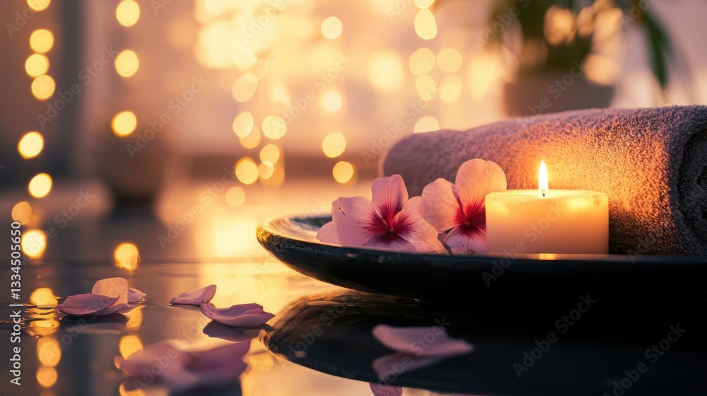 Poster tranquil candle and soft towel resting on a table as essential elements of a calming ritual for ulti