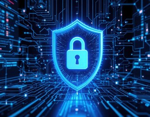 Security zero trust concept. A digital shield with a lock symbol, representing cybersecurity, surrounded by glowing circuits and technology-inspired designs.