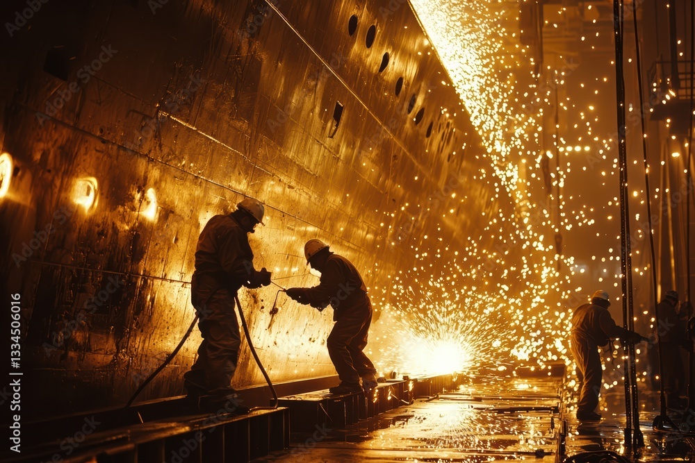 Poster welders working on large ship, creating sparks in shipyard. scene captures intensity and dedication 