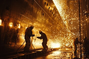 Welders working on large ship, creating sparks in shipyard. scene captures intensity and dedication of industrial labor, highlighting craftsmanship involved