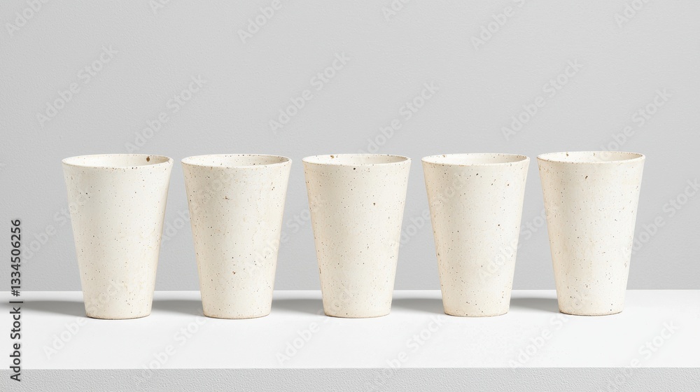 Poster a row of five white cups with speckled patterns.