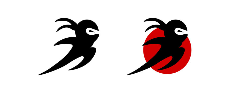 Two stylized ninja figures in black show dynamic motion with bold red and white elements.