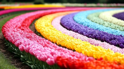 Vibrant Colorful Tulips Arrayed in Curved Rows Displaying Floral Harmony