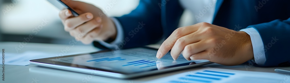 Poster a professional individual uses a tablet and smartphone to analyze data and trends. the workspace is 