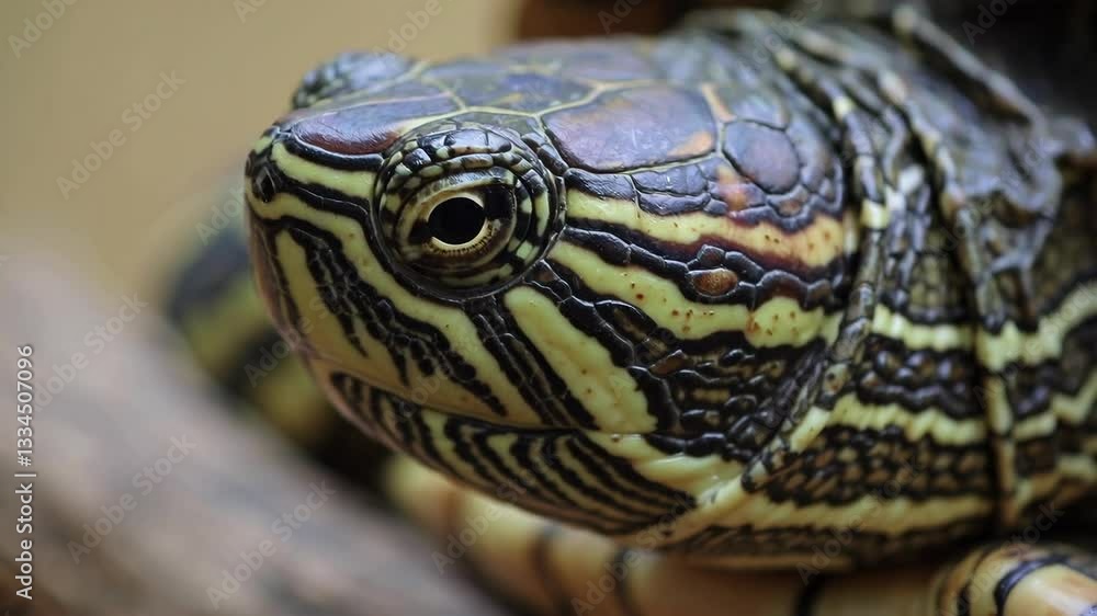 Poster close-up of ornate turtle shell and head, intricate patterns. wildlife and nature concept