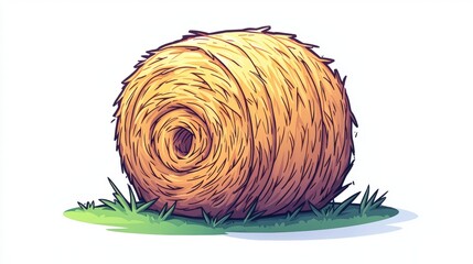 Rolled Hay Bale on Green Grass in Cartoon Style Illustration for Rural Scenery