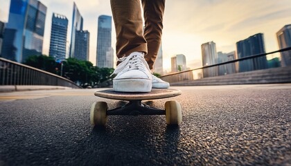 A close up view of a skateboarder shoes on the skateboard; a skateboarder skating thru the street; low angle view of the skater's feet on the skateboard; action shot of a skater; skateboarding culture