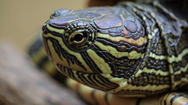 Close-up of ornate turtle shell and head, intricate patterns. Wildlife and nature concept