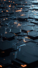 Fototapeta premium A cyberpunk-style metallic hexagonal grid with glowing neon orange and blue reflections.