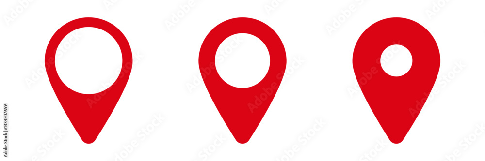 Poster three red map markers arranged side by side, each with a distinct style and circular center.