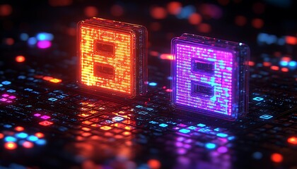 Illuminated orange and purple computer processors on circuit board