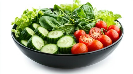 A bowl brimming with fresh vegetables, featuring crisp cucumbers, ripe tomatoes, and lush greens. Ideal for a nutritious meal or light snack, perfect for any occasion