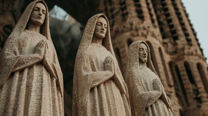 Three Stone Statues Praying at La Sagrada Familia Barcelona Architectural Detail Urban Environment Close-Up View Spiritual Concept