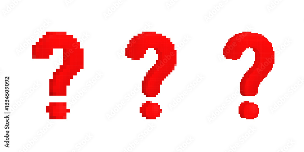 Poster three pixelated red question marks with a glossy effect, designed in a bold digital typography style