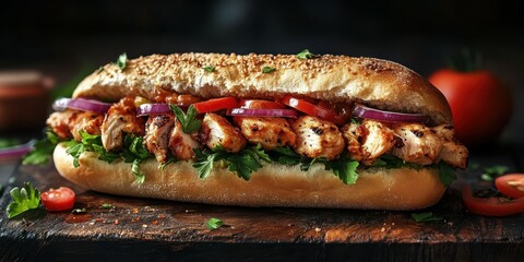 Delicious grilled chicken sandwich served with fresh vegetables and herbs on rustic wooden table