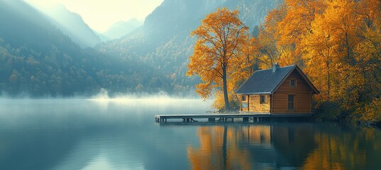 Serene lakeside morning with misty mountains and golden leaves