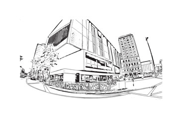 Latest building view with landmark of Christchurch city of New Zealand. Hand drawn sketch illustration in vector