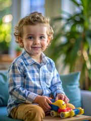 Fototapeta premium A young boy is sitting on a couch with a toy car in his hand. He is smiling and he is enjoying himself