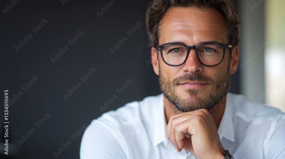 Poster man with glasses and watch strategically analyzing situations for effective decision making and prob