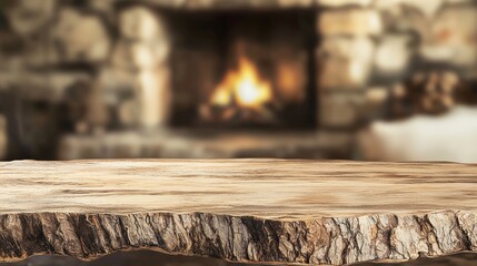 Wooden table top and blurred fireplace background. Stone wall texture and warm flame effect. Rustic wood edge in cozy home interior.