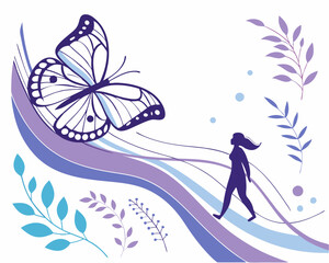 Abstract Vector Illustration of Woman and Butterfly in Nature. Stylized vector illustration featuring a large butterfly, a female silhouette walking along flowing lines, and botanical elements.