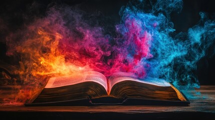 Whimsical smoke dances around an open book, a burst of vibrant color against a dark, mysterious backdrop
