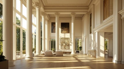Fototapeta premium Sunlit Grand Hall with Classical Architecture and Artwork