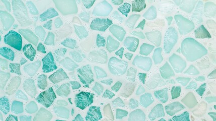 Mosaic tile texture and irregular stone pattern. Glass fragment close and abstract surface detail. Blue green tones in decorative craft background.