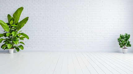 A white room with two potted plants in front of a white brick wall
