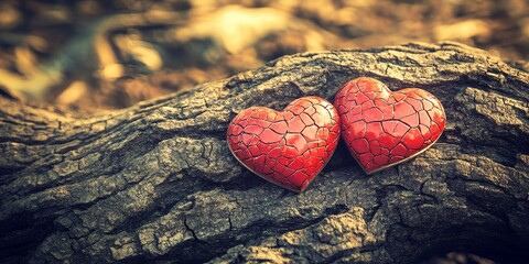 Obraz premium Two Cracked Red Hearts Resting on Rustic Weathered Tree Bark