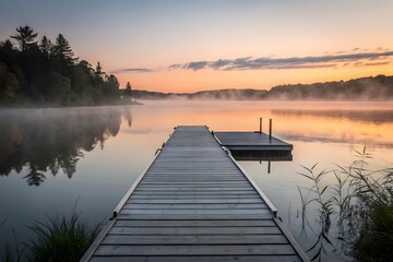 Obraz premium Calm lake reflection at sunrise or sunset, with wooden pier extending into the water