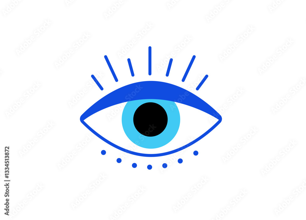 Poster artistic representation of a blue eye with radiating lines above and dots below, using simple shapes