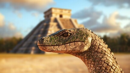 Obraz premium Close Up of Ancient Reptile at Mayan Temple Nature Scene Beautiful Lighting Outdoor View Cultural Heritage