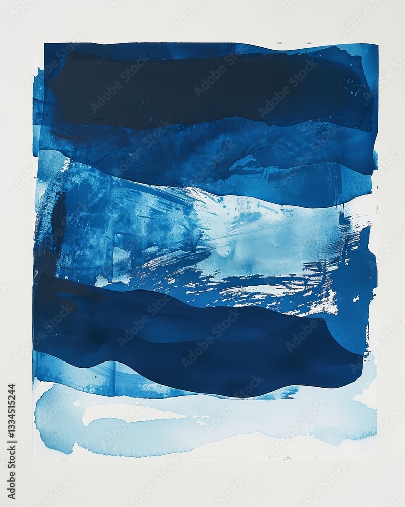 Poster contemplative abstract artwork showcasing layered shades of cerulean and ultramarine, creating a ser