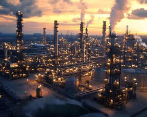 Aerial view of a bustling oil refinery at dusk, showcasing numerous towering structures emitting steam, with warm lights illuminating the complex machinery against a colorful sky.