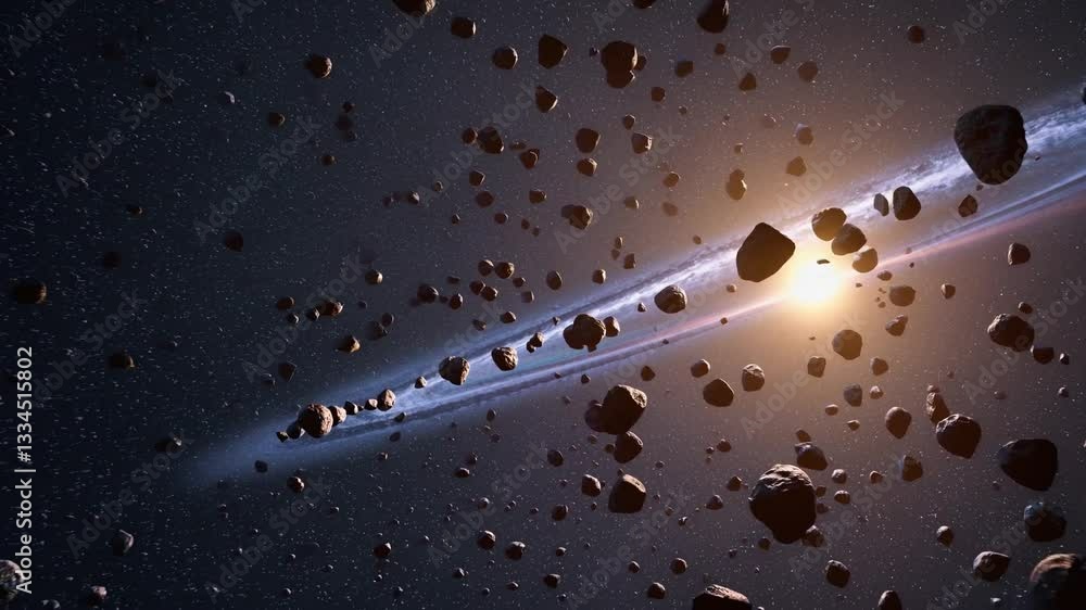 Poster massive asteroids rotating around luminous stellar center, creating swirling cosmic ring structure w