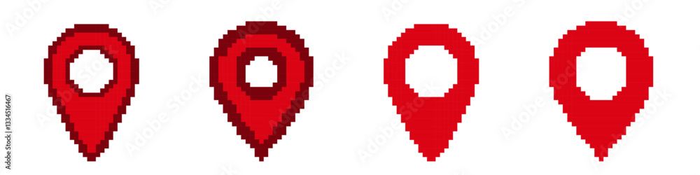 Poster four red location pins in pixel art style depict simple digital design elements in varying sizes.