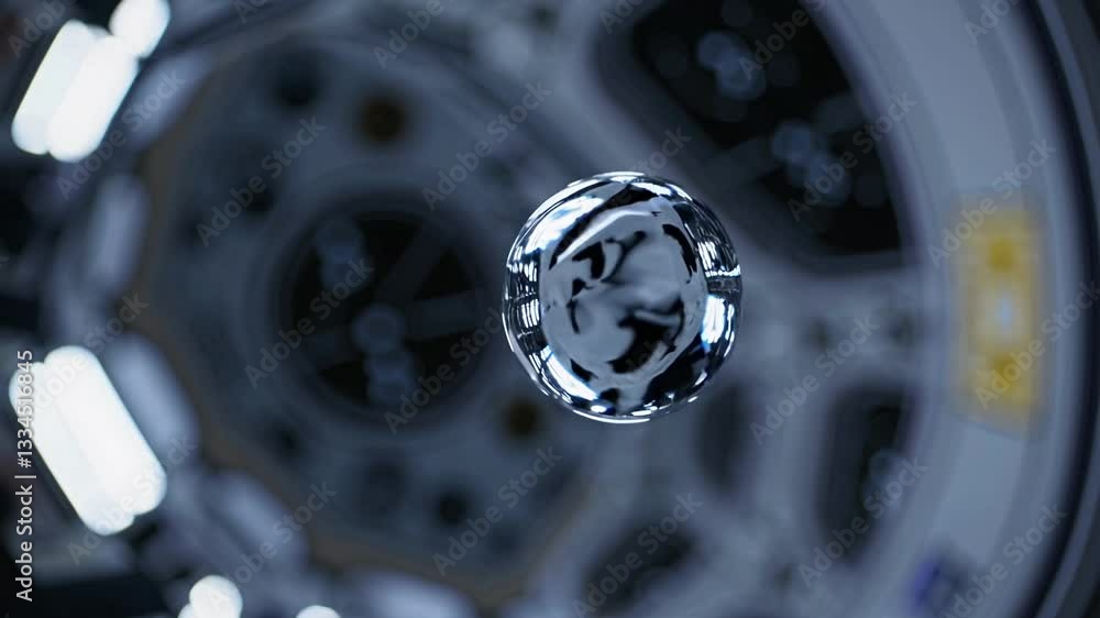 Poster transparent water sphere hovering weightlessly inside space station during scientific research exper