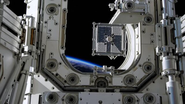 Robotic arm deploying a satellite from the Space Station with Earth visible in the background