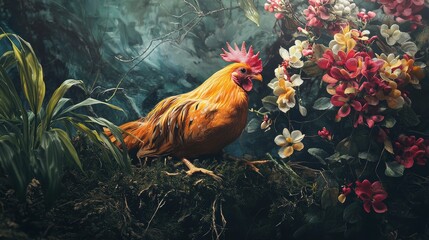 Fototapeta premium Majestic rooster in a floral landscape