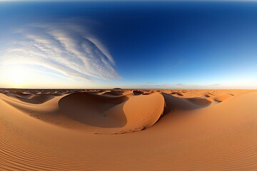 Spherical 360 degrees seamless panorama view in equirectangular projection,  wild natural desert landscape with beautiful  dry hot sands and dunes under a serene  blue sky and white clouds