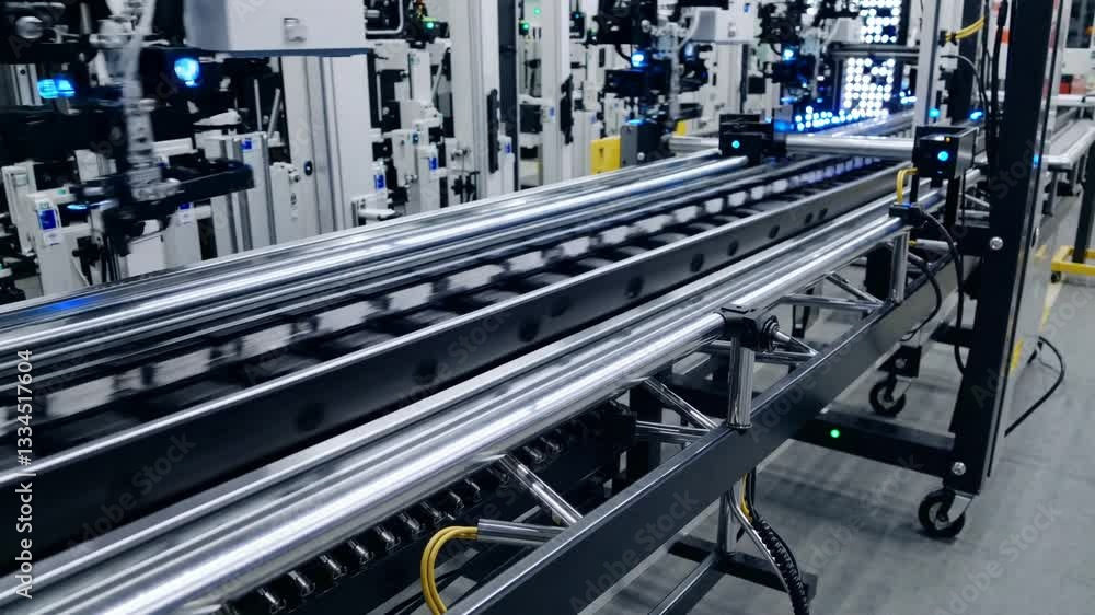 Poster precision robotic arms performing synchronized movements along sophisticated automated manufacturing